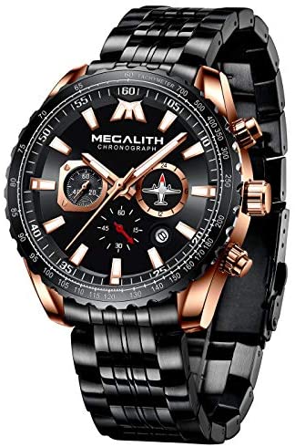 MEGALITH Mens Watches Chronograph Waterproof Watch Stainless Steel Watch Men Sports Military Watch Analog Quartz Date Calendar Luminous Watches for Man Business Gents Multifunctional Wrist Watch