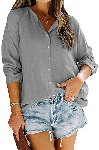Womens Button Down Work Blouse Long Sleeve Cotton Linen Shirt Loose Casual Summer Tops