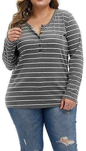 Women Plus Size Tops Long Sleeve Knitwear Stripe Clothing Casual Polo Shirts Button Up Blouse