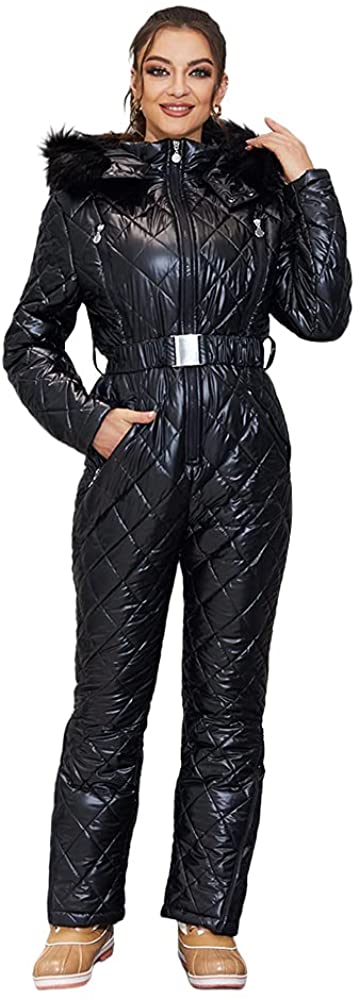 Womens Onesies Ski Suit Winter Outdoor Waterproof Ski Jumpsuit Jacket Overall Snowsuit Fur Collar with Hoodies Removable