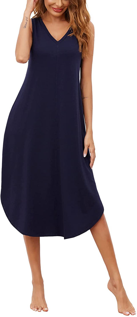 Ekouaer Women's Sleeveless Long Nightgown Full Slip Night Dress Chemise Sleepwear Lounge Dresses S-XXL Navy Blue