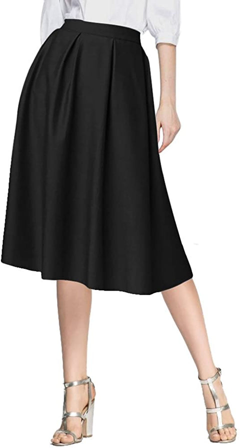 Women's Flared A line Pocket Skirt High Waist Pleated Midi Skirt