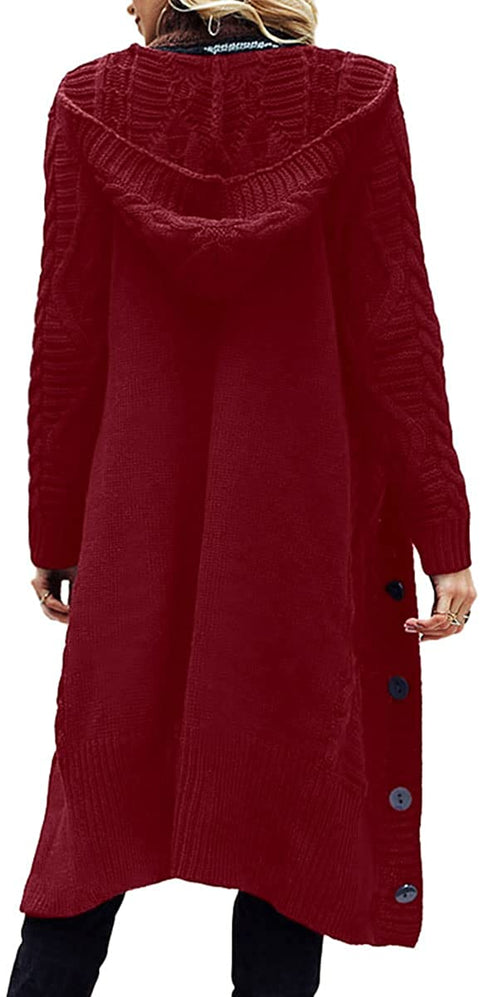 Dyexces Womens Sweaters Cardigan Long Hooded Button Open Front Sweater Cable Knit Casual Coat with Pockets