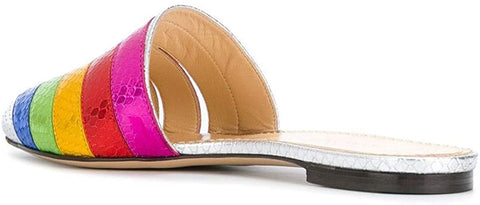 FSJ Women Fashion Pointed Toe Rainbow Mules Colorful Snake Print Flat Shoes Spring Summer Flats