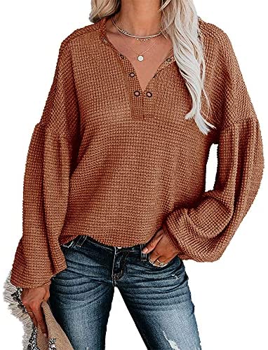 Women Casual V Neck Waffle Knit Shirts Tunic Tops Solid Color Loose Sweatshirts Pullover
