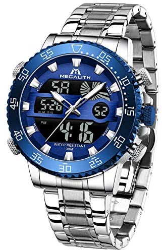 MEGALITH Men Watch Waterproof Stainless Steel Led Analog Digital Watches for Men Male Day Date Stopwatch Heavy Metal Alarm Sport Watch Gent Outdoor Military Luminous Big Wrist Watches with Backlight