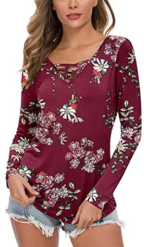 WNEEDU Women's Casual Long Sleeve T-Shirt Criss Cross V-Neck Basic Tees Tops