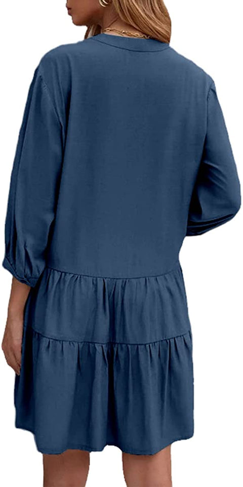 Dyexces Womens Long Sleeve Shift Dress V-Neck Button Up A-Line Midi Dress Summer Casual Loose Swing Tunic Dress