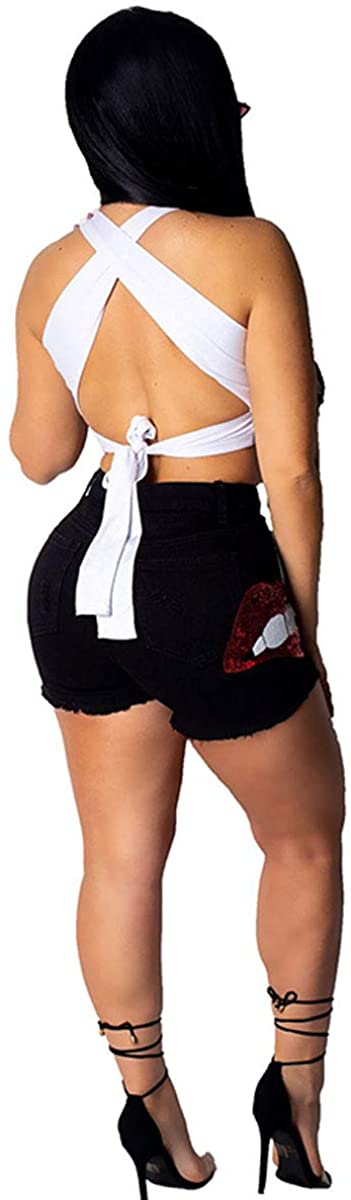 Women's Sequin Deco Summer Frayed Hem Casual High Waist Skinny Denim Shorts