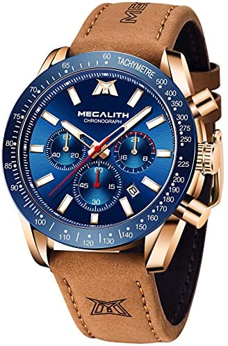 MEGALITH Mens Watch Waterproof Quartz Chronograph Watches for Men Men's Analog Stylish Sport Casual Classic Wrist Watch with Brown Leather Band Unique Gifts for Men