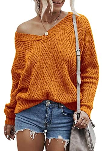 Womens Fashion Sweaters Sexy V Neck Long Sleeve Oversized Cable Knit Pullovers Casual Tunic Tops