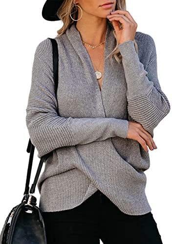 Women Casual Knitted V Neck Sweaters Long Sleeve Cross Wrap Front Asymmetric Hem Solid Pullover Top