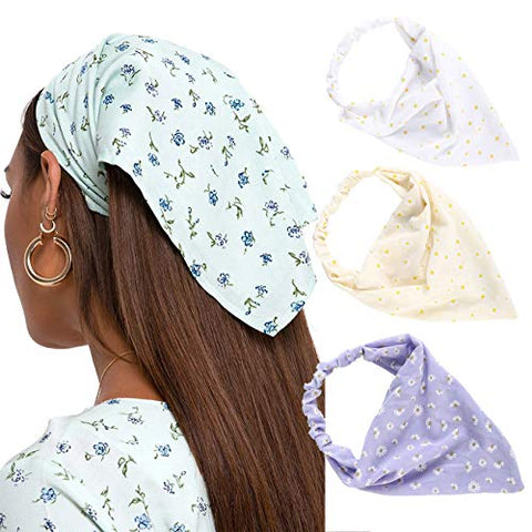 Floral Elastic Hair Scarf Headband - 3 PCS Chiffon Head Kerchief Headband Print Floral Hair Scarves with Hair Clips Kerchief Head Scarf Hair Bandanas for Women (White/Beige/Purple)