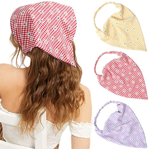 Floral Elastic Hair Scarf Headband - 3 PCS Chiffon Head Kerchief Headband Print Floral Hair Scarves with Hair Clips Kerchief Head Scarf Hair Bandanas for Women (White/Beige/Purple)