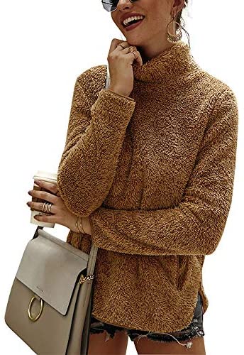 Women's Turtleneck Solid Fuzzy Sweatshirt Plain Long Sleeve Sweatshirts