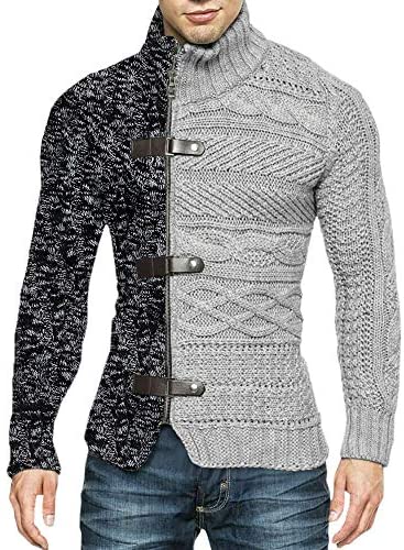 Karlywindow Mens Cable Knitted Cardigan Sweater Turtleneck Long Sleeve Slim Fit Winter Zipper Front Casual Pullover Sweaters