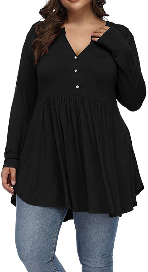 Women's Plus Size Henley V Neck Button Tunic Tops Long sleeve Swing Flowy Shirts