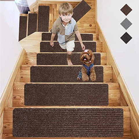 Fungzou Stair Treads Non-Slip Carpet Rugs Set 15PCS, Safety for Kids Elders and Dogs with Reusable Machine Washable Anti Slip Base Rug (Black Grey)
