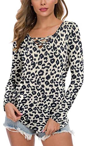 WNEEDU Women's Casual Long Sleeve T-Shirt Criss Cross V-Neck Basic Tees Tops