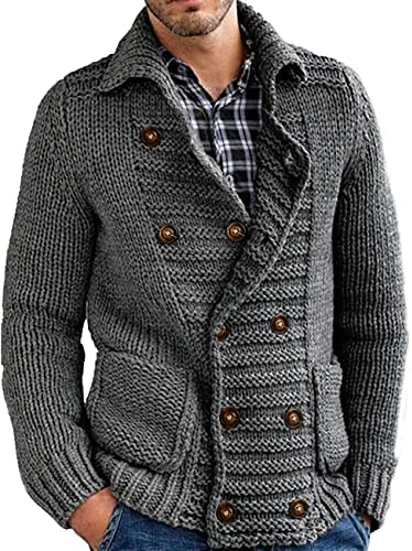 Mens Cable Knit Cardigan Sweater Stand Collar Button Down Loose Fit Long Sleeve Warm Casual Cardigans with Pockets