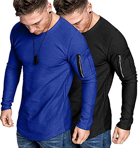 Men's 2 Pack Muscle Fitted Long Sleeve T Shirts Workout Athletic Tee Tops