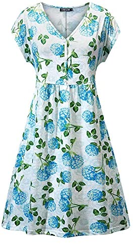 TIMSEM Women's Short Sleeve Dresses V Neck Half Button Summer Floral Smock Dress