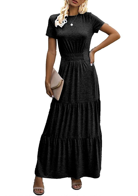 Dyexces Women’s Maxi Dress Summer Dresses Tunic Short Sleeve Crewneck Tiered Long Skirts