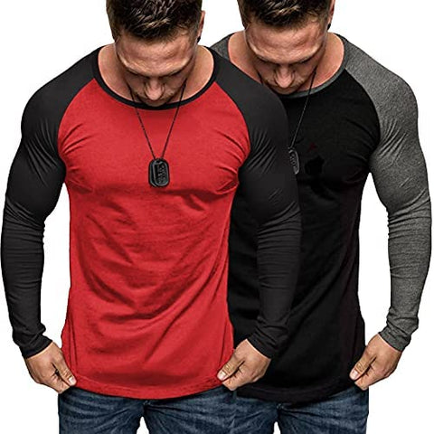 Men's 2 Packs Baseball Raglan Shirts Long Sleeve Gym Muscle Workout T Shirts
