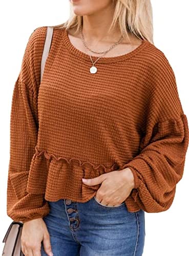 Womens Long Sleeve Blouse Fall Tops Ruffle Hem Balloon Sleeves Casual Loose Plain Blouses for Women