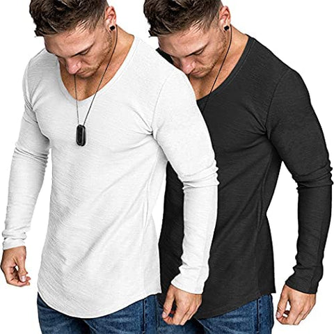Men 2 Pack Muscle V Neck T Shirt Gym Athletic Fit Long Sleeves Tee Top