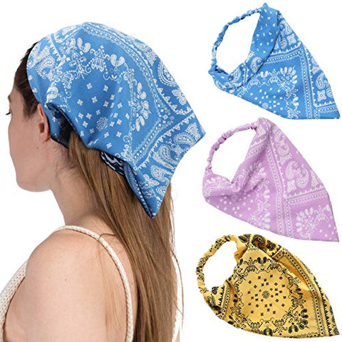 Floral Elastic Hair Scarf Headband - 3 PCS Chiffon Head Kerchief Headband Print Floral Hair Scarves with Hair Clips Kerchief Head Scarf Hair Bandanas for Women (White/Beige/Purple)