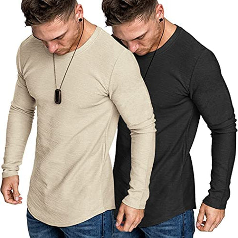 Men 2 Pack Muscle Fitted T Shirt Gym Workout Athletic Long Sleeves Tee
