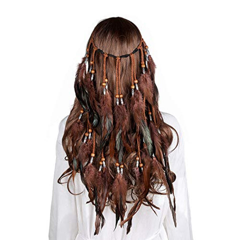 Boho Headdress Feather Headband Accessories - AWAYTR Feather Elastic Gypsy Festival Headband Indian Fancy Headpieces 1970s (Blue)