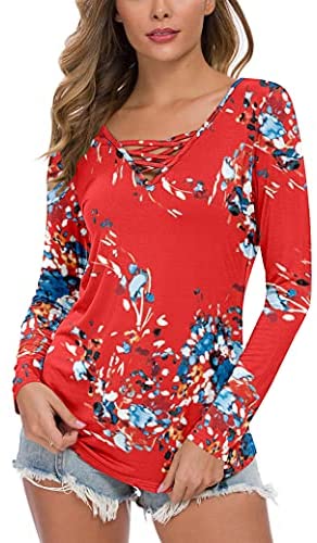 WNEEDU Women's Casual Long Sleeve T-Shirt Criss Cross V-Neck Basic Tees Tops