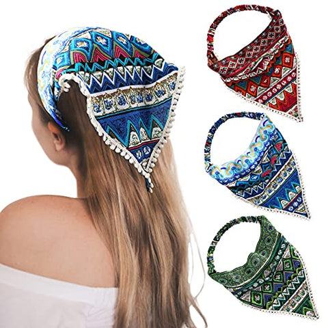 Floral Elastic Hair Scarf Headband - 3 PCS Chiffon Head Kerchief Headband Print Floral Hair Scarves with Hair Clips Kerchief Head Scarf Hair Bandanas for Women (White/Beige/Purple)