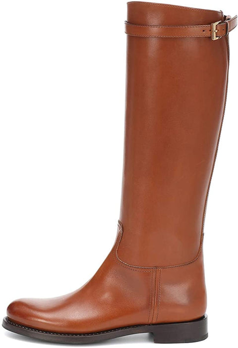FSJ Women Regular Round Toe Flats Riding Knee High Boots Wide Calf Buckled Strappy Chunky Low Heel Western Long Boots Pull On Dress Shoes Size 4-15 US