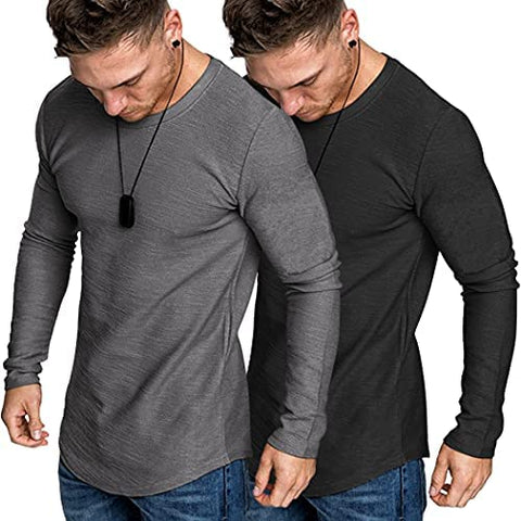Men 2 Pack Muscle Fitted T Shirt Gym Workout Athletic Long Sleeves Tee