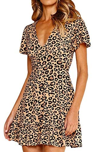 Women's V Neck Fashion Spring Summer Leopard Ruffle Skirt