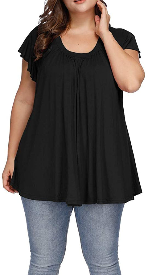 Women's Plus Size Top Short Sleeve Casual Ruffle Loose Pleated Flowy Summer T Shirts