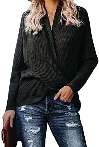 Women Casual Knitted V Neck Sweaters Long Sleeve Cross Wrap Front Asymmetric Hem Solid Pullover Top