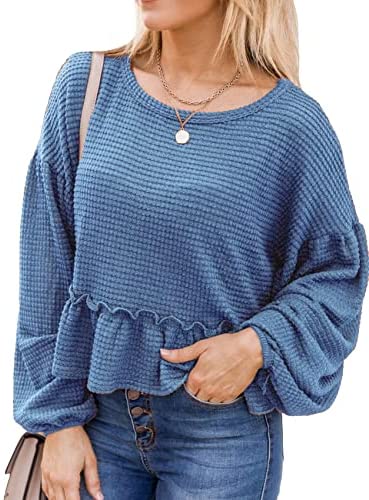 Womens Long Sleeve Blouse Fall Tops Ruffle Hem Balloon Sleeves Casual Loose Plain Blouses for Women