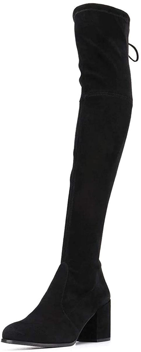 FSJ Women Overknee Thigh High Almond Toe Boots Chunky Mid Heel Lace-up Pumps Winter Date Shoes
