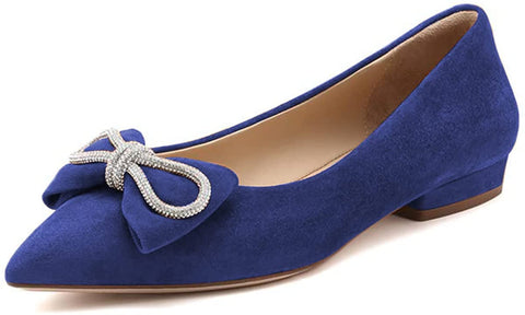 FSJ Women Fashion Sparkling Crystal Bowknot Chic Chain Comfortable Slip on Pointed Toe Low Heels Chunky Ballet Flats Dress Party Office Shoes Size 4-15 US