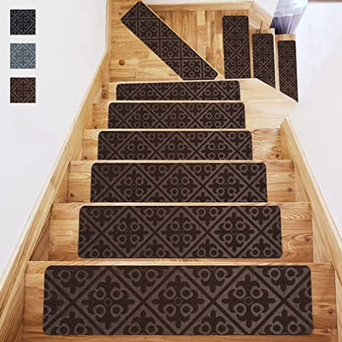 Fungzou Stair Treads Carpet Non-Slip 8”x 30”Indoor Set of 15 Pack, Stair Rugs Runner for Wooden Steps Anti Slip Tape Moving Stair (Brown)