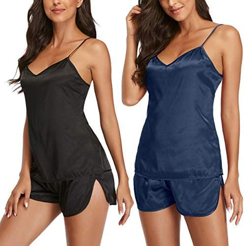 Womens Pajamas, Cool Satin Cami Shorts Set Lightweight Nightwear Silk Pajamas for Women