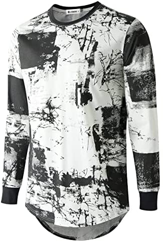 KLIEGOU Mens Hipster Hip Hop Ripped Round Hemline Pattern Print T Shirt