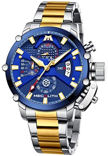 MEGALITH Men's Watch 45mm Stainless Steel Chronograph Waterproof Fashion Watch Analog Quartz Date Heavy Duty Watches for Men Metal Luminous Multifunctional Cool Designer Gents Wrist Watches