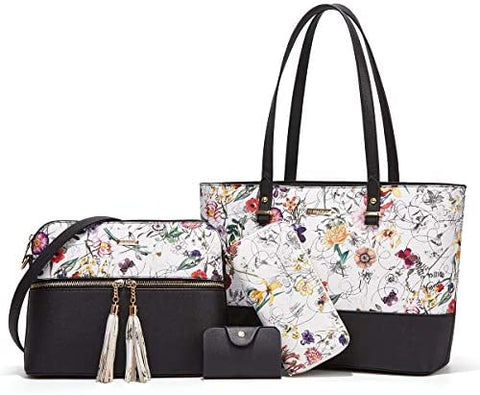 Women Fashion Synthetic Leather Handbags Tote Bag Shoulder Bag Top Handle Satchel Purse Set 4pcs