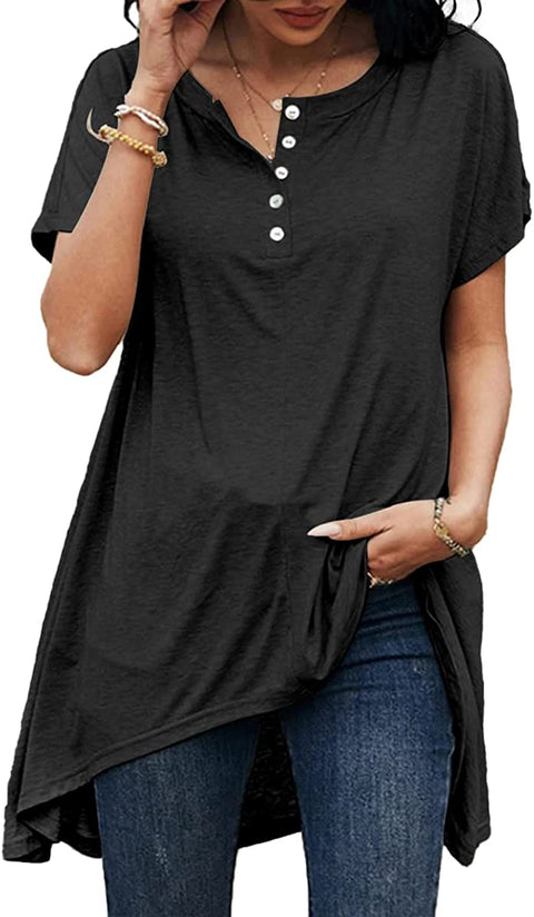 Dyexces Womens V Neck Tops Short Sleeve Shirts Casual Loose Button Collar Irregular Hem Tshirt