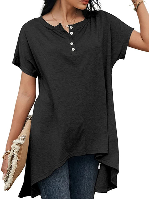 Dyexces Womens V Neck Tops Short Sleeve Shirts Casual Loose Button Collar Irregular Hem Tshirt